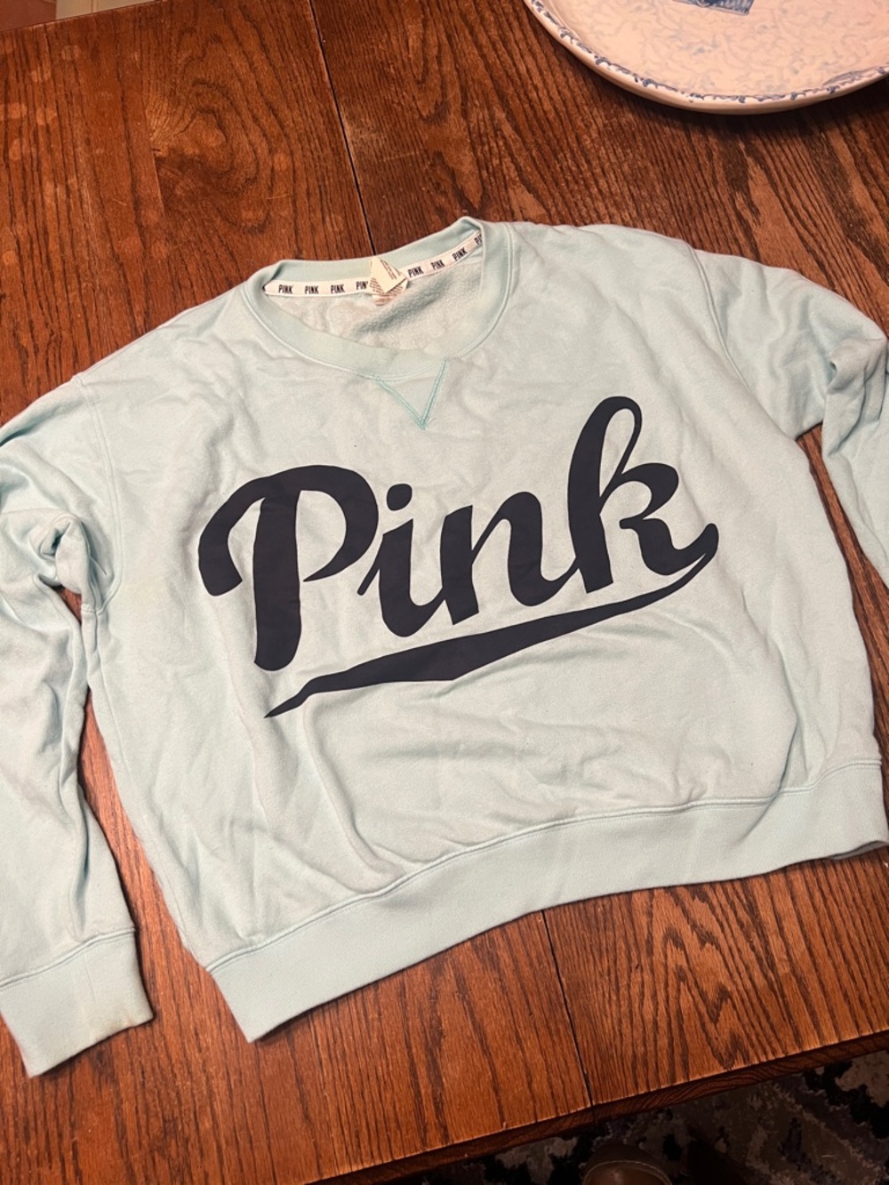 PINK Victoria's Secret Mint Crewneck Oversized Crop Sweatshirt with Navy Script